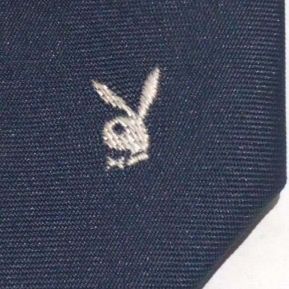 Vintage Playboy Narrow Neck Tie-Embroidered Bunny-Navy-Silk Blend-Made In Italy - Picture 3 of 6